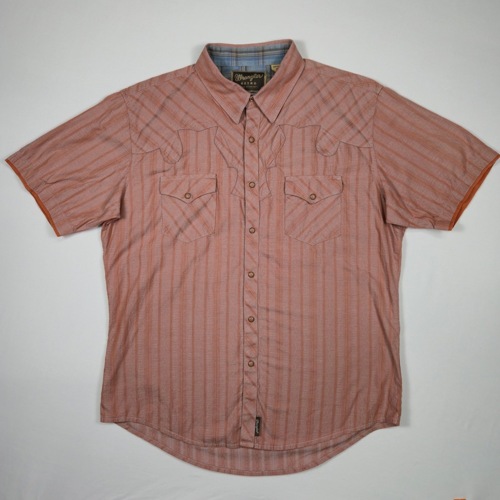 Wrangler Retro Western Shirt‎ Men's XL Short Sleeve Snap Front Rust Striped